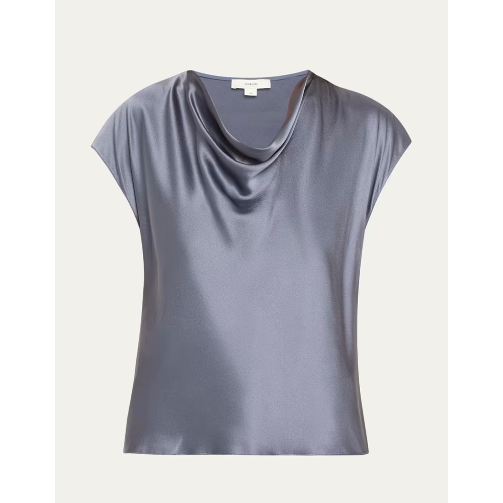 Vince Cowl Neck Cap Sleeve Silk Satin Blouse Iris Water XL
